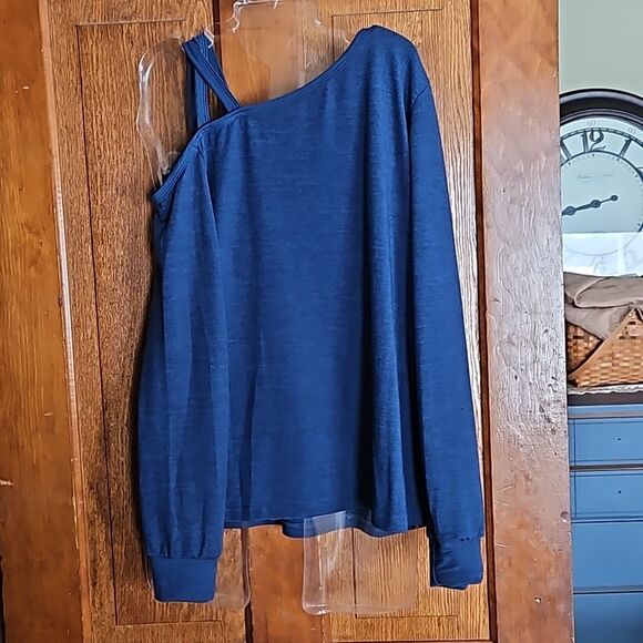 Emery Rose Blue One Cold Shoulder with straps Women's Large Summer Blouse - Picture 3 of 8